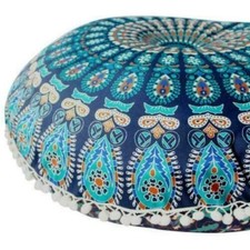 Meditation Yoga Round Floor Cushion Cover Blue Mandala Cotton 32" in Pillowcase
