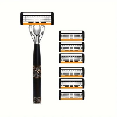Luxury Stainless Steel Razor Set - 1 Handle + 6 Blades, Smooth Shave, Anti-Slip