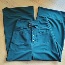Gracia Retro Green Wide Leg Pants Faux Belt Button Pockets Super High Waist S XS