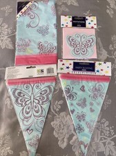 2 X Butterfly Bunting, 8 Party Invitations & Table Cover. New