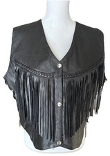 Women  s Black Leather Sheen Western Fringe Vest XL