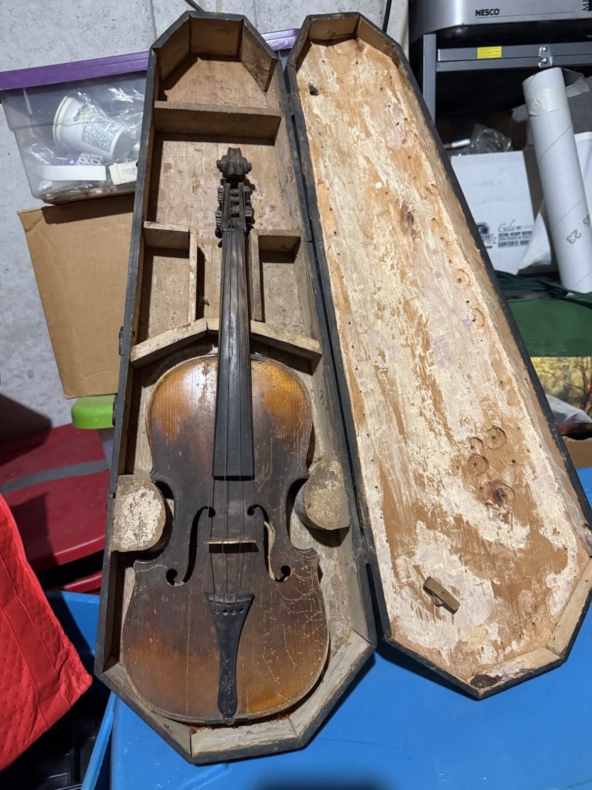 Antique Violin Pre-1930 with Original Coffin Case and Wooden Case
