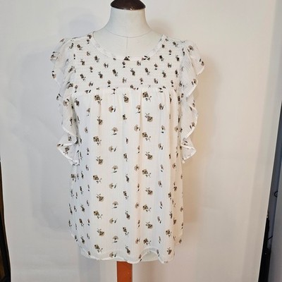 NEW LOFT Womens Floral Flutter Sleeve Smocked Blouse Top Size L