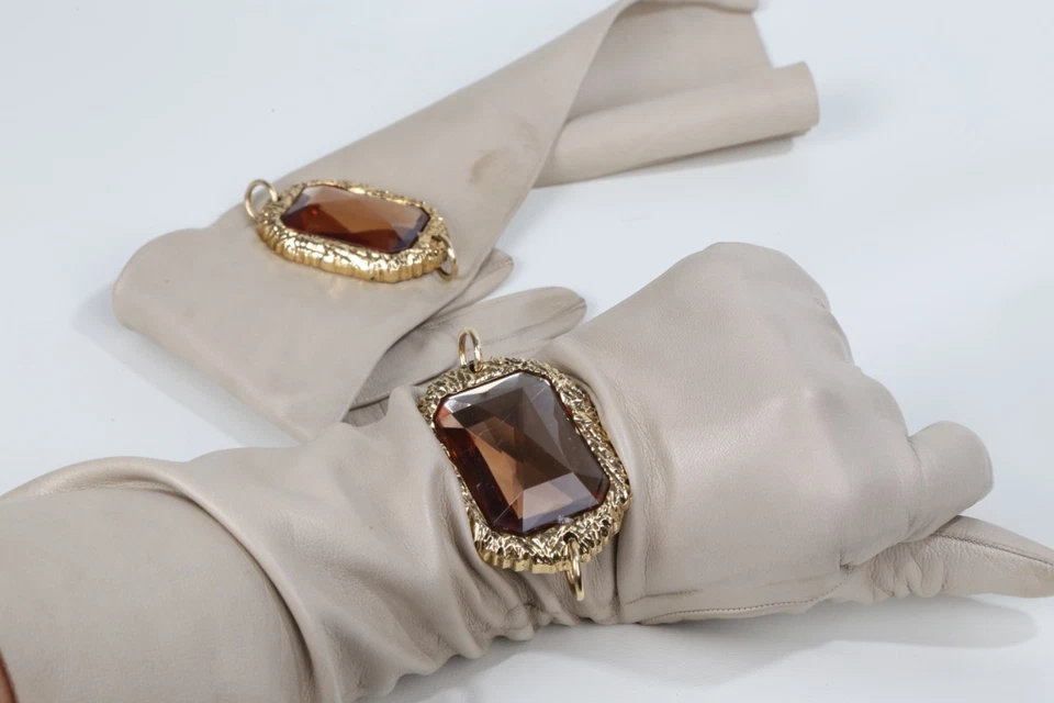 Vintage Beige Women's Long Leather Gloves Oversized Jewel Detail Size 7 1/4 - Image 2 of 4