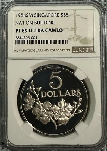 1984 Singapore Nation Building $5 Silver Proof NGC PF69 Ultra Cameo