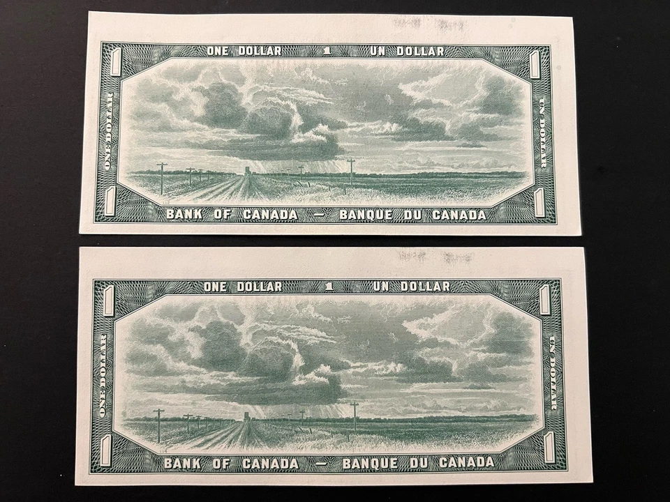 Consecutive 1954 Canada $1 Dollar Banknotes * Error Cut Out Of Register * Rare - Image 2 of 4