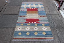 Kilim Vintage Traditional Hand Made Oriental Blue Wool Kilim Runner 184x96cm
