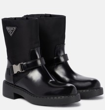 Prada Black Re-Nylon  Leather Ankle Boots Size 37 Brand New