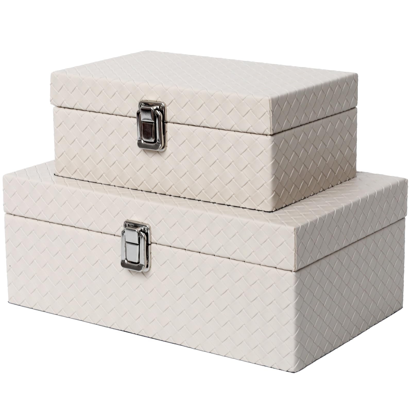 Faux Leather Jewelry Storage Organizer Box Set of 2 in Apricot White