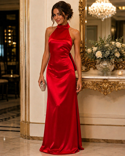 B. Darlin Juniors 9/10 Red Satin Halter Backless Bow Floor-Length Formal Dress
