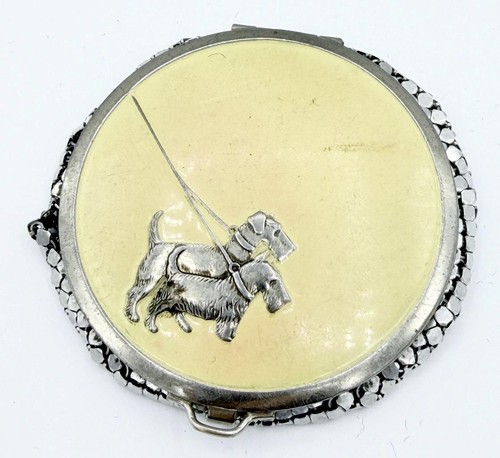 Vintage Pale Yellow Celluloid Scotty Dog Powder Compact
