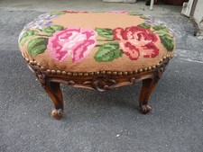 VTG Hand stitched Floral Needlepoint Footstool Carved Wood