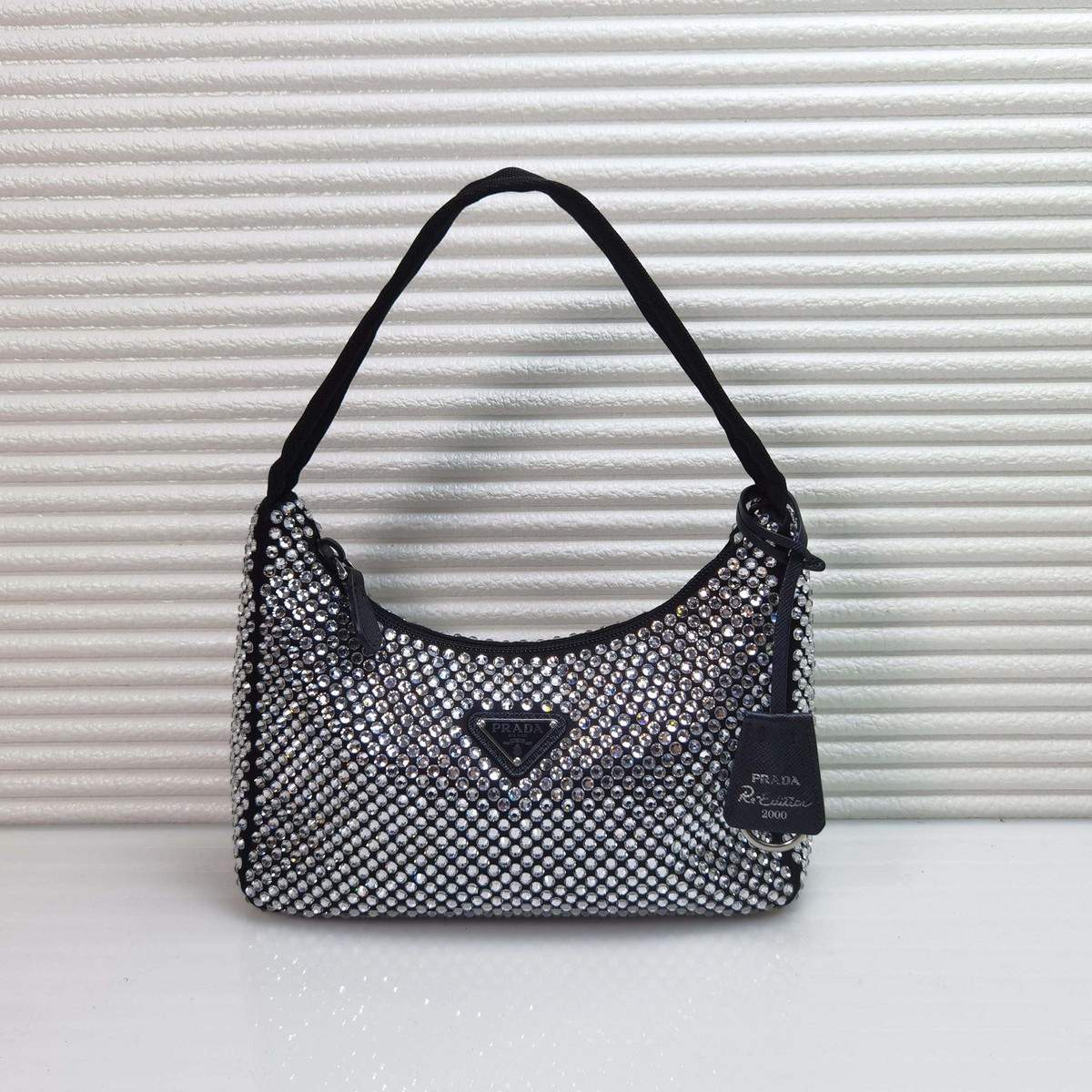 PRADA Re-Edition 2000 Mini Hand Bag Satin Rhinestone Black almost
