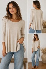 Womens Beige Linen Blend Top Small Flowy Swing Tunic Made in USA Rayon Linen