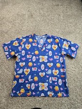 Disney Scrub Top Womens XL Blue Winnie The Pooh Piglet Hearts V Neck