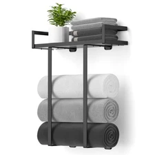 for Bathroom Wall Mounted Metal Towel Holder with Wooden Shelf for Folding Large
