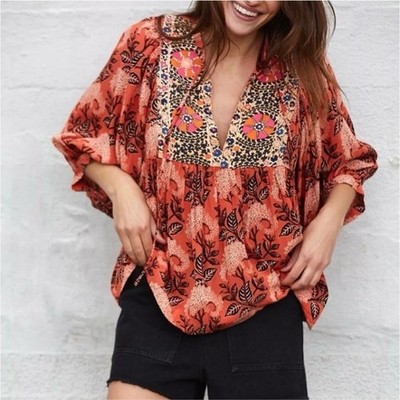 ba&sh Garry Blouse Womens XS Orange Black Printed Bohemian V-Neck Excellent