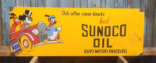 Large Vintage Sunoco Oil Porcelain Metal Gas Sign Mickey Mouse Donald Duck Pluto