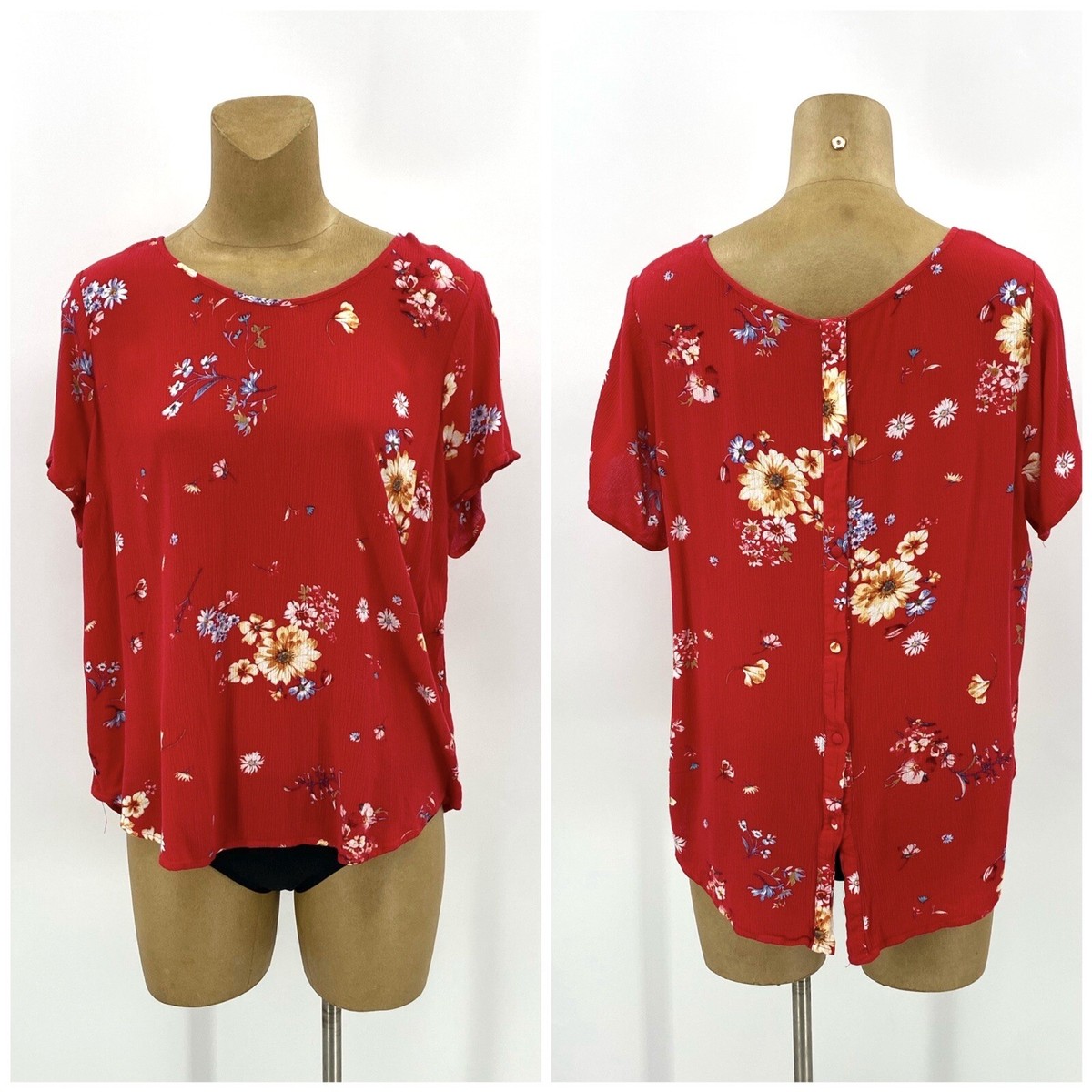 Torrid 1 Top 1X Red Floral Gauzy Short Sleeve Button Back Top