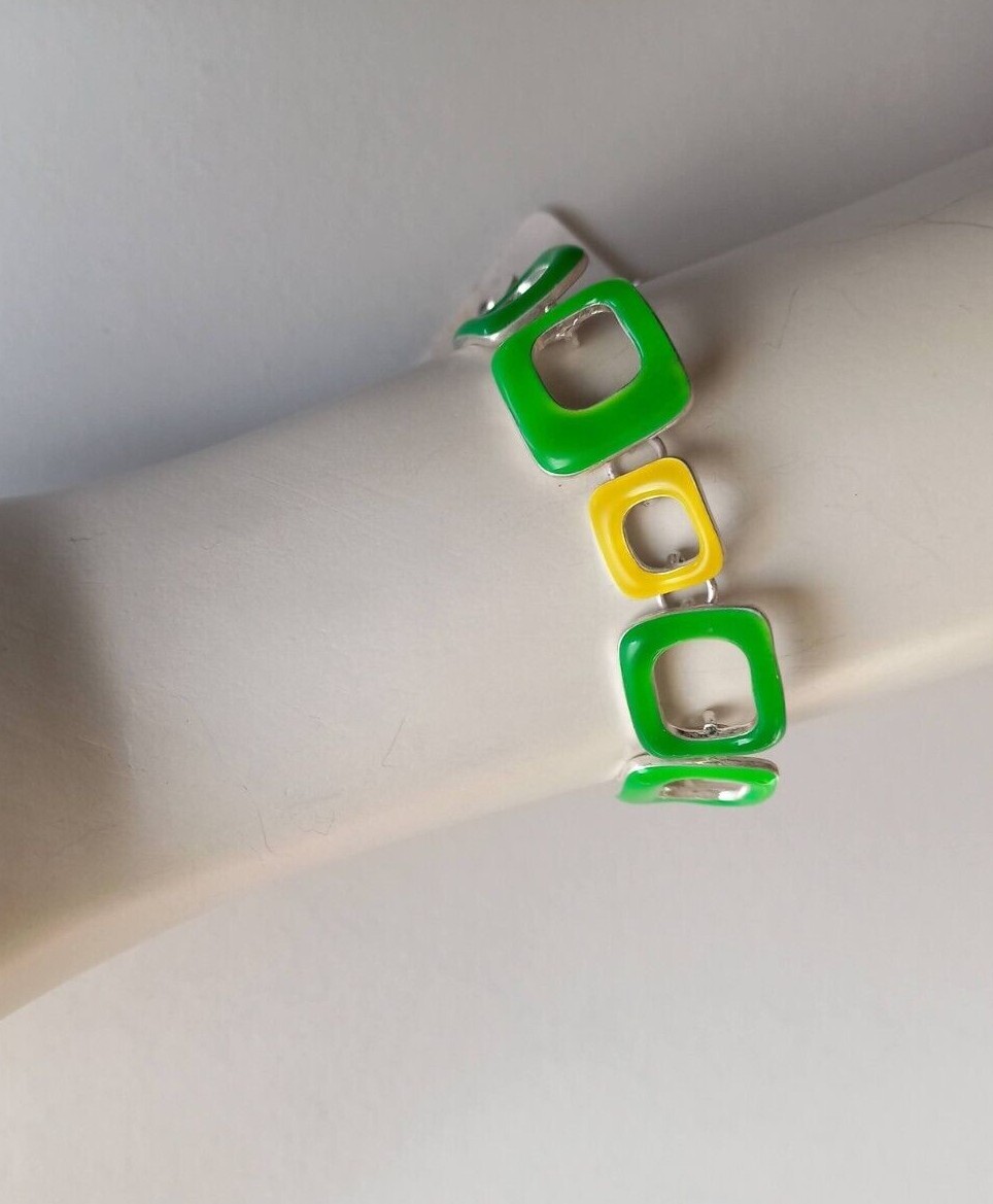 Bracelet Ikita En Métal Argenté Et émail - Couleurs Vert Et Jaune Flashy, Neuf Avec étiquettes