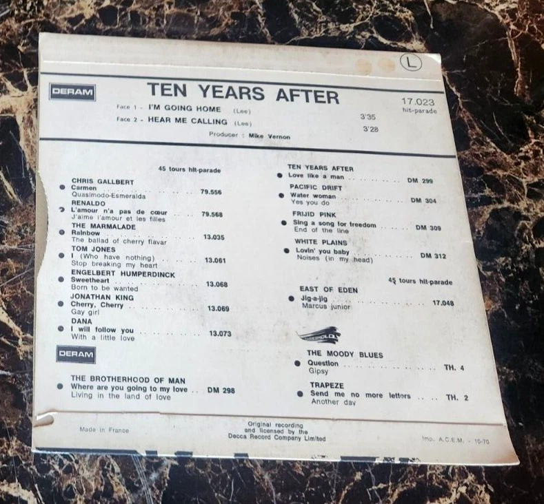Ten Years After I'm Going Home/Hear Me Calling 1970 France 7" single w/sleeve - Image 2 of 2