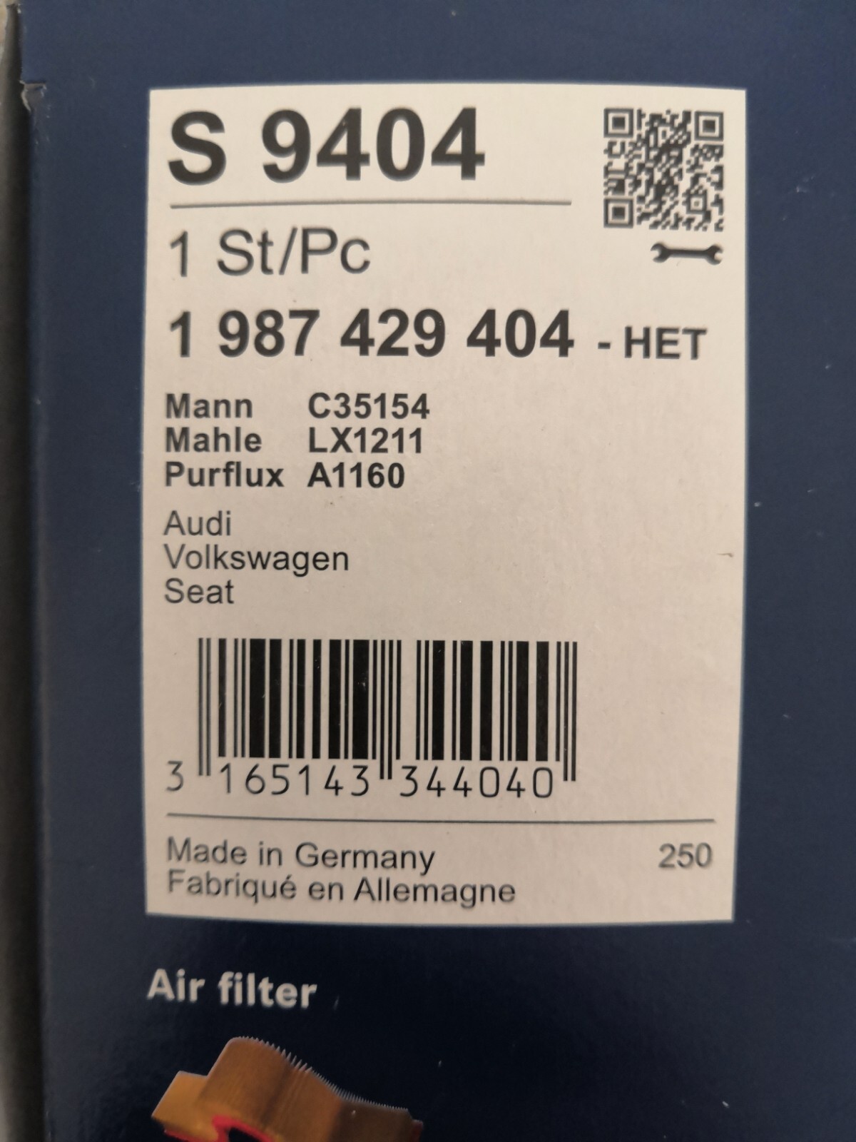 Filtro Aria Bosch S9404 - Alta Efficienza, Per Veicoli, Resistente A Calore E Umidit&agrave;