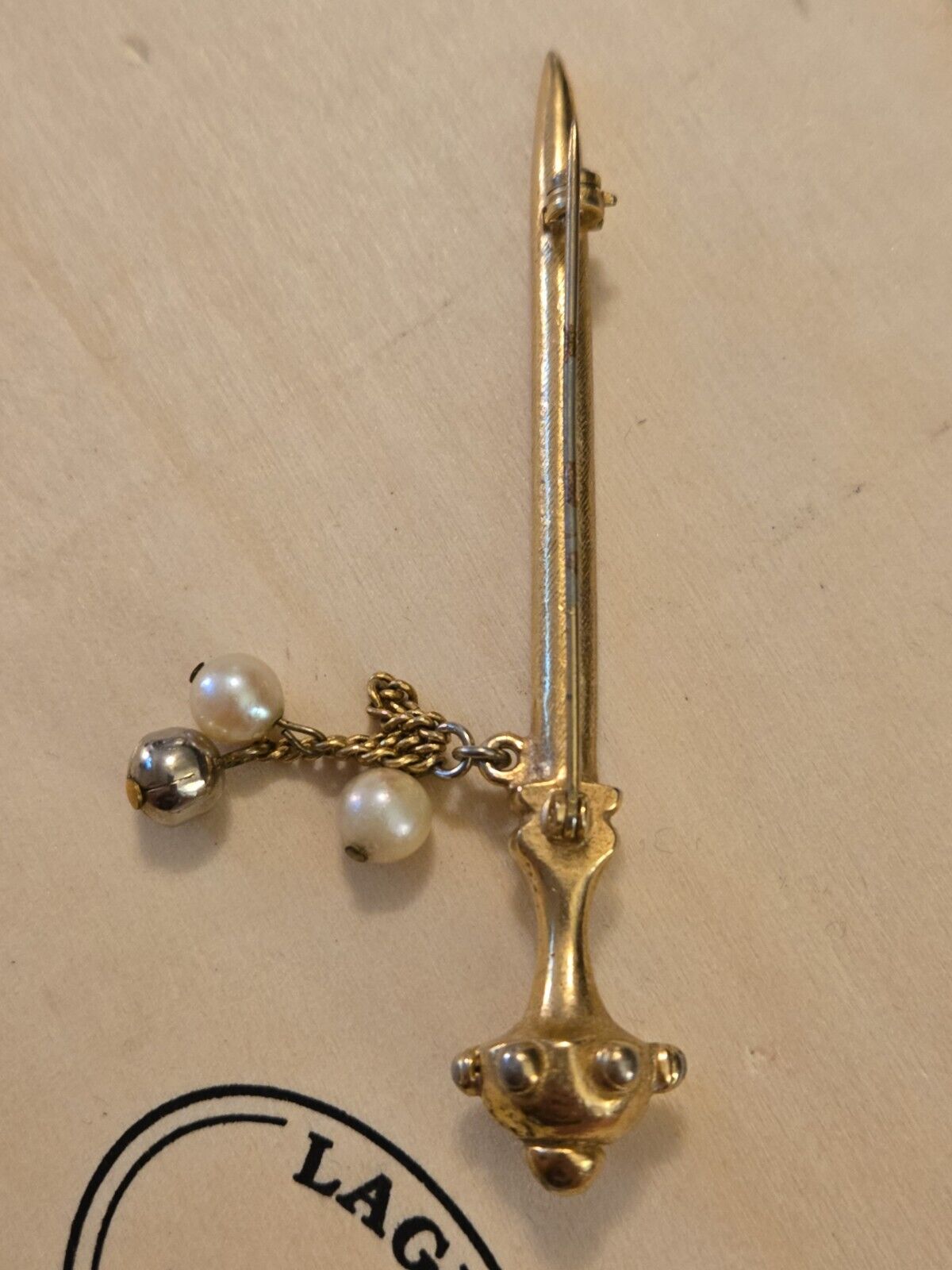 Vintage Scepter Brooch Pin with Faux Pearl Dangle… - image 4