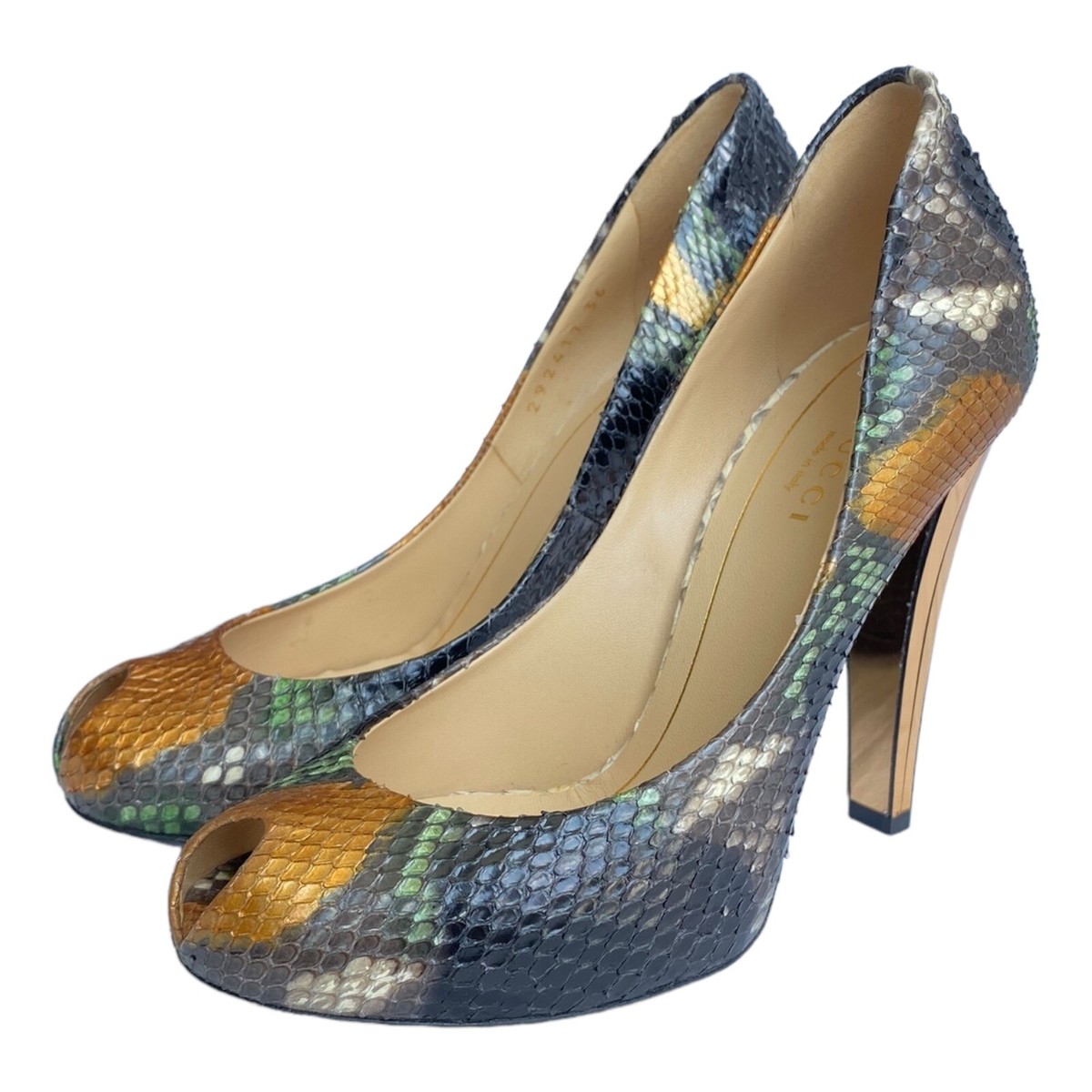 GUCCI Multicolor Python Leather Peep Toe Gold Mirror Effect GUCCI Multicolor Python Leather Peep Toe Gold Mirror Effect