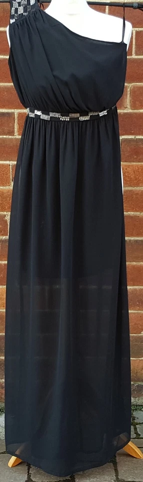 Debenhams Julian Macdonald Diamante Asimétrico Negro Vestido Largo Verano GB 8 - Imagen 2 de 4