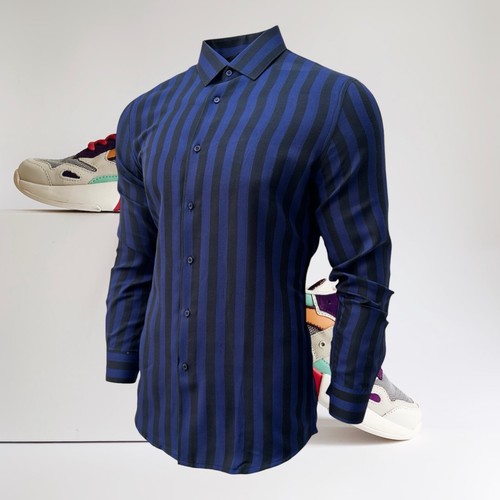 Blue Slim Fit Long Sleeve Shirt Striped Shirt Casual work office Wear Dark Blue - 第 13/14 張圖片