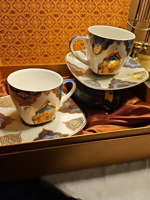 Pair new inbox Middle Eastern high quality porcelain cup saucer set.Great silk 