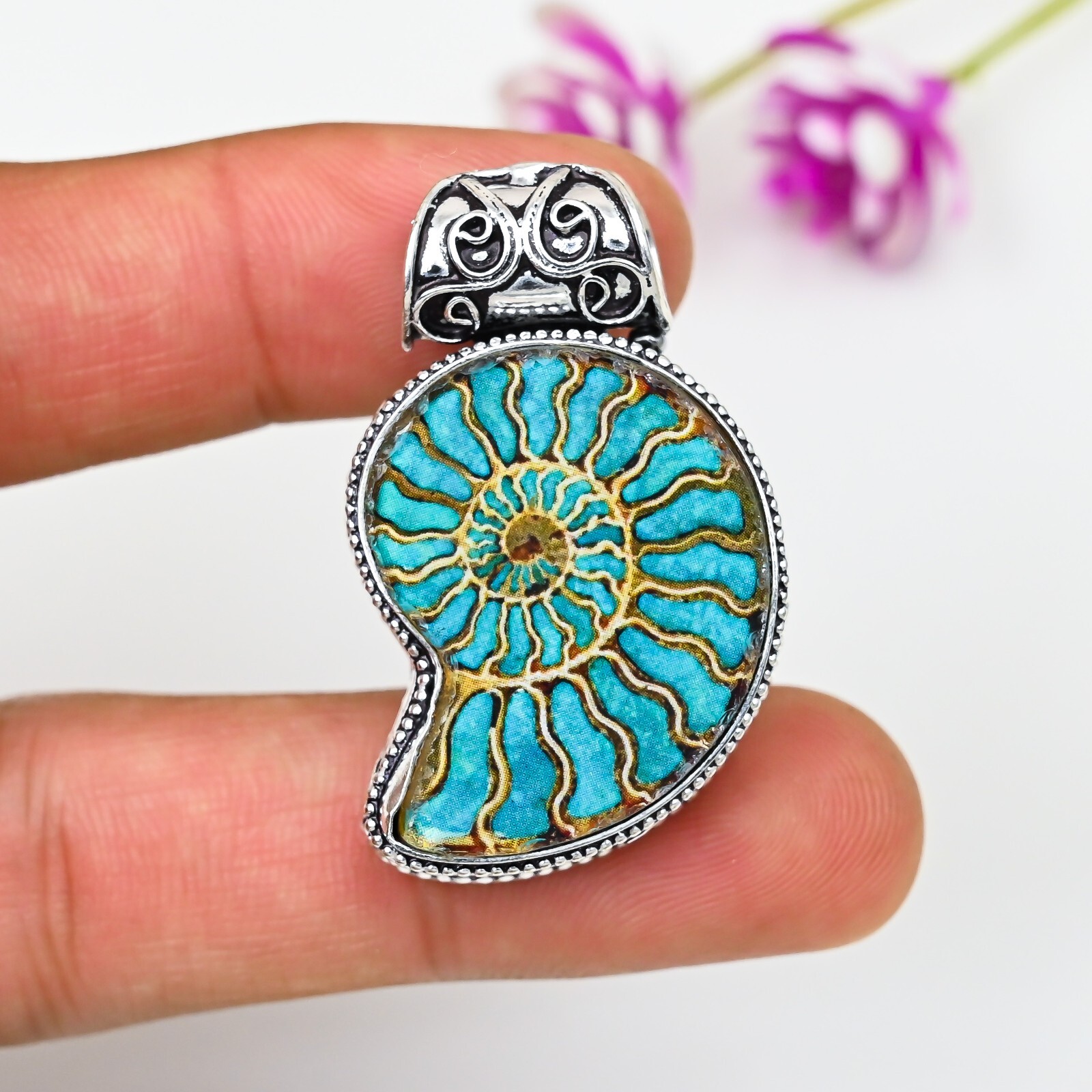 Turquoise Ammonite 925 Sterling Silver Handmade Pendant Necklace Wedding Gift