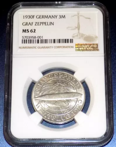 NGC GERMANY WEIMAR GRAF ZEPPELIN 1930F 3M 3 MARK GERMAN REICHSMARK MS62 UNC COIN