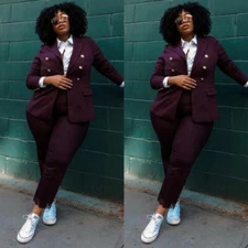 Plus Size Women Suits 2 Pcs Dark Purple Lace Curl Office Wear Ladies Blazers