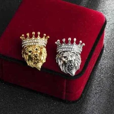 Crystal Crown Men Animal Lion Head Pins Brooch Lapel Pin Accessories Jewelry
