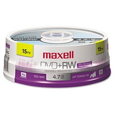 Maxell 634046 DVD RW Discs, 4.7GB, 4x, Spindle, Silver, 15/Pack Disc