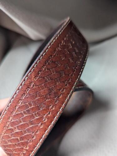 vintage style TOOLED buckle belt WESTERN full grian leather 36 brown COWHIDE - Picture 3 of 9