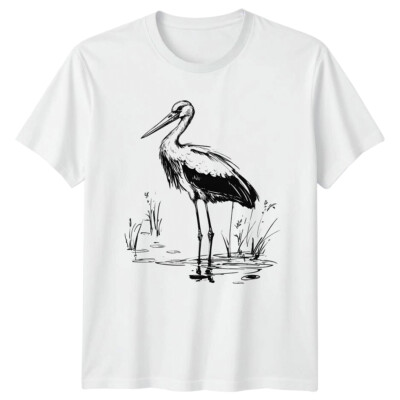 Storch Vogel Tierwelt Natur Skizze Herren T-Shirt Damen Tee Grafik Unisex Bekleidung