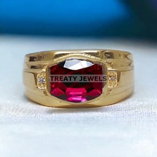 Ruby Cushion Cut With 925 Sterling Silver Gold Plated Ring For Men's 973