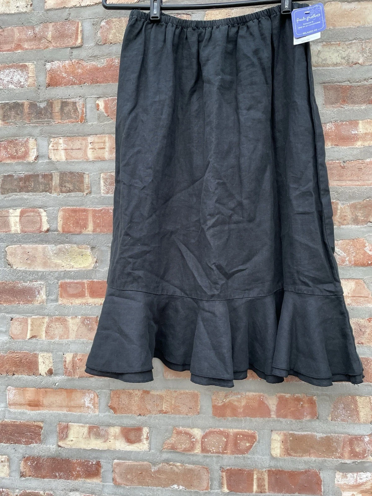 Fresh Produce Midi Skirt Ruffle Womens Sz L 100% Linen Black Boho Whimsical NWT