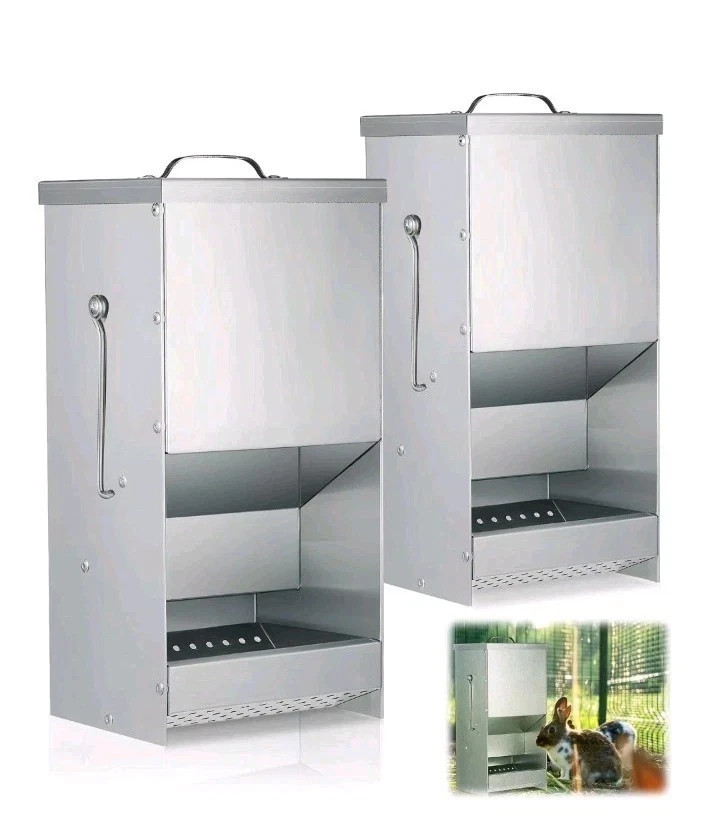 Rabbit Cage Feeders, Automatic Metal Trough 5lb Feeders w/ Lid Galvanized (2pcs)