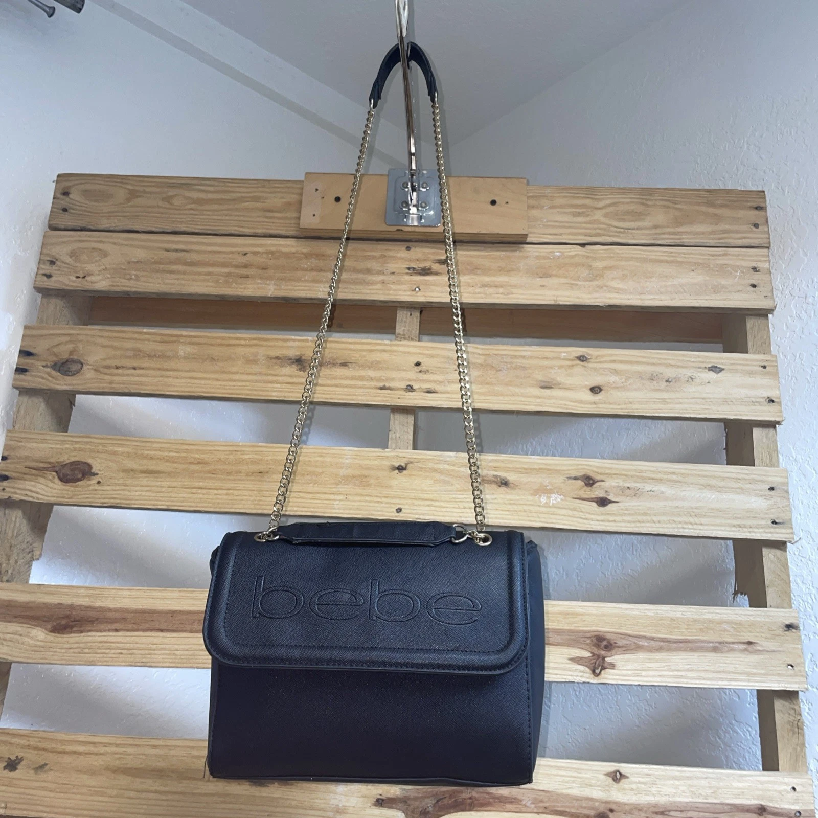 Bebe Logo Black Button Flap Closure Shoulder Bag Handbag Chain Strap JD AP