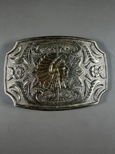 Vintage Western Indian Chief Nickel Silver Tone Belt Buckle 88x60mm Floral