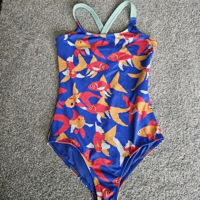 Spotted Zebra One-Piece Swimsuit Girls Small 6/7 Blue w/ Goldfish Cross Back