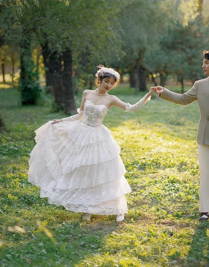 Strapless Wedding Dresses Vintage Ruffled Lace Applique Full Length Bridal Gown - Image 2 of 4