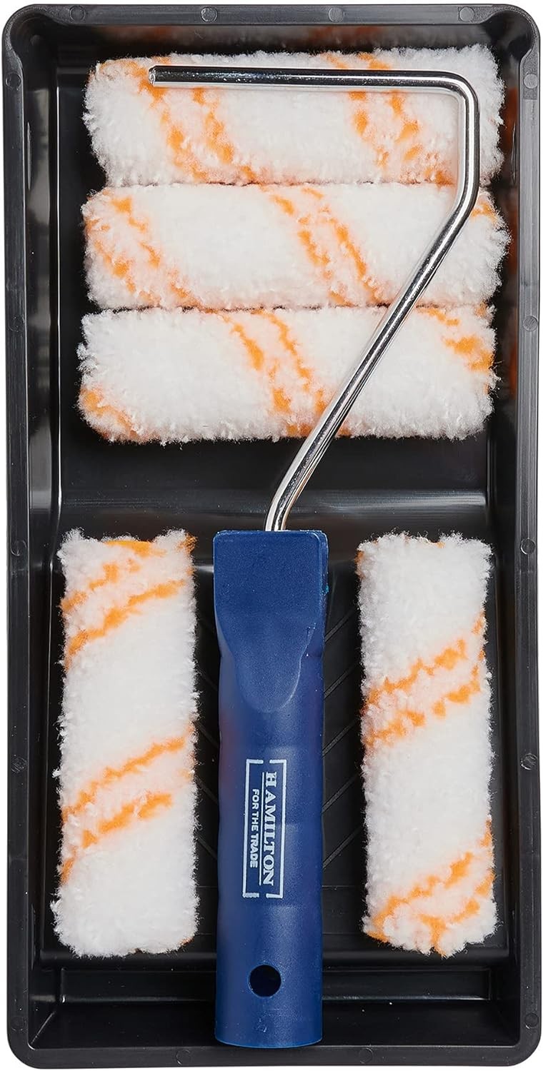 Hamilton 7pc Paint Roller Set 4"" Medium Pile Frame Tray Short Arm Kit