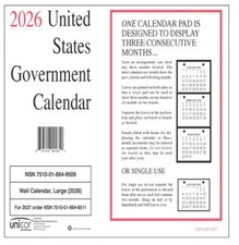 Unicor 2026 Fed Wall Calendar, Qty=1, Individual, Single, Displays 3 Months