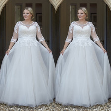 Elegant Wedding Dresses Tulle Lace Half Sleeves A Line Plus Size Bridal Gown