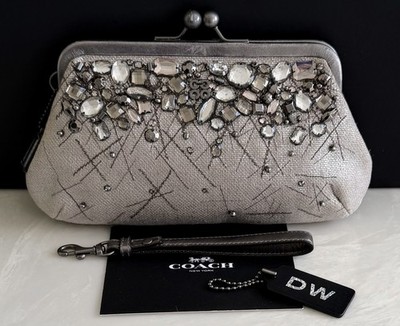 ◎美品◎ COACH スパンコール kisslock パーティバッグ シルバー COACH METALLIC SILVER SHEEN BURLAP KISSLOCK FRAME CLUTCH