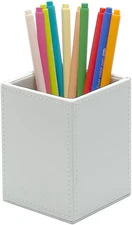 Square Pen Holder, Leather Pencil Cup, Desktop Caddy Stationery Organizer, White
